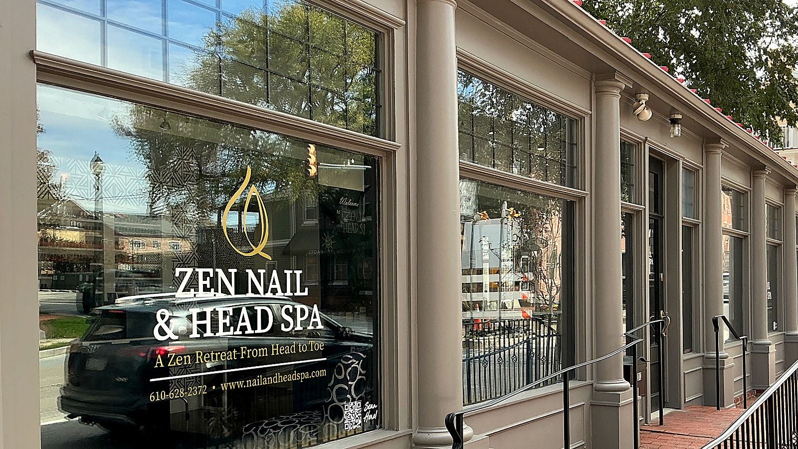 Front window with the Zen Nail & Head Spa logo.